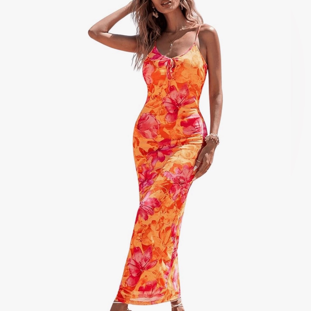 New Floral Print Tie Dye Spaghetti Strap Backless Fitted Cami Pencil Dress